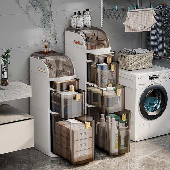 3-Tiers Slim Bathroom Storage Cabinet with Drawers & Tissue Box | Plastic Narrow Rolling Bathroom Tower Cart Waterproof & No Installation for Small Spaces Kitchen Laundry Living Room - Image 2