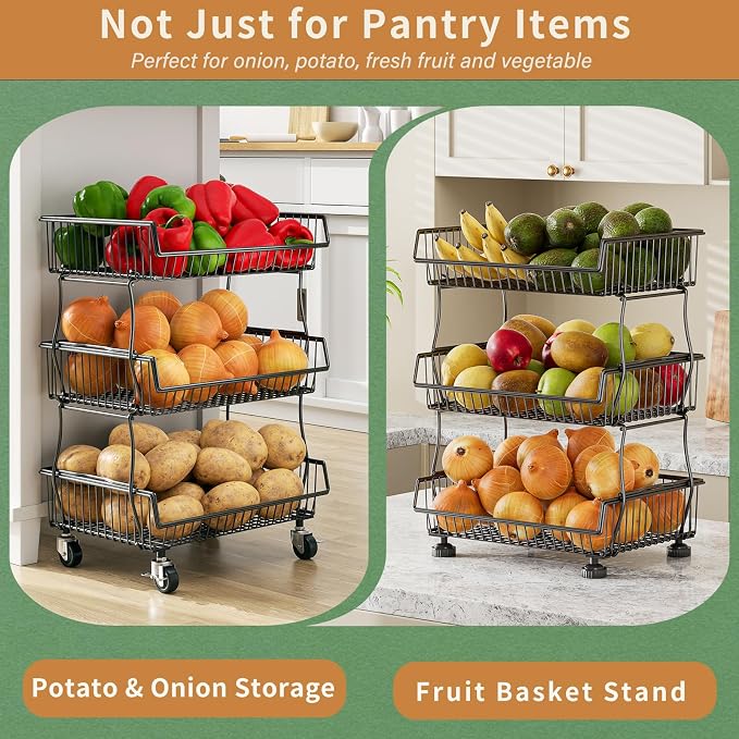 OKZEST Pantry Organizers and Storage Cart with Upgraded Metal Hub Casters | Fits under pantry shelf, Stackable fine-mesh wire baskets, 3-Tier rolling cart holds drink, snack, can, potato, onion, fruit - Image 7