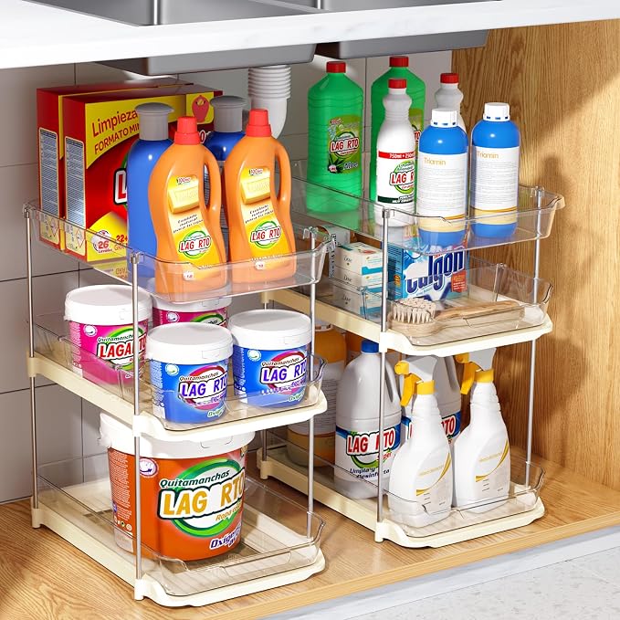 Delamu 2 Pack 3-Tier Bathroom Under Sink Organizers and Storage, Multi-Purpose Stackable Pantry Organization and Storage, Pull Out Clear Kitchen Bathroom Cabinet Organizer with Movable Dividers, Beige - Image 8