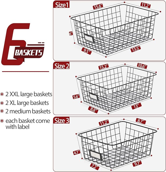 6 Pack Wire Baskets for Pantry Organization and Storage, Kitchen Organizer, 2 XXLarge & 2 XLarge & 2 Large - Image 2