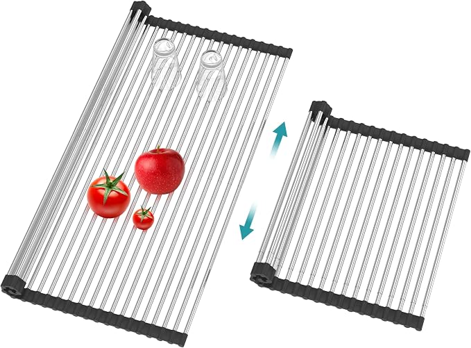 BBXTYLY Extra Large Expandable Roll Up Dish Drying Rack,Over The Sink Drying Rack Sink Cover Kitchen Sink Accessories Kitchen Rolling up Stainless Steel Drainer, Foldable,Rollable（Black，22.8''-17.3''） by BBXTYLY