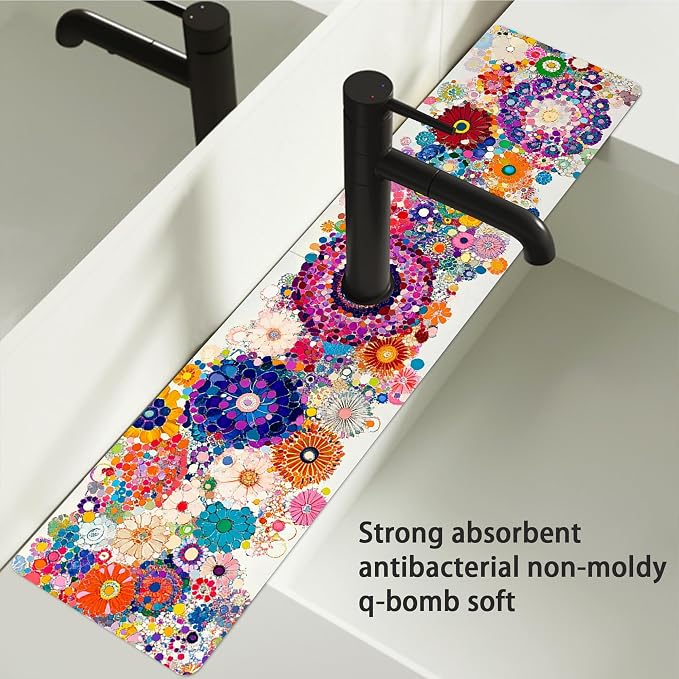 Bimkole 2 PCS Faucet Absorbent Mat, Kitchen Faucet Sink Splash Guard Wraparound Cloth Pads Drip Catcher for Sink Faucet for Kitchen Bathroom Faucet, Colorful Faucet Mat, 15 x 4 Inch Flower A3 - Image 6