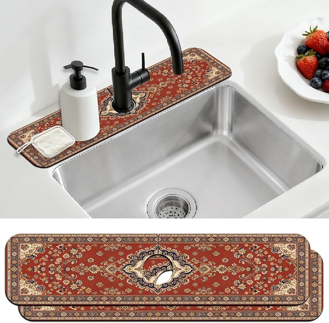 2 Pcs Kitchen Sink Splash Guard Faucet Mat Retro Red Bohemian Pattern Faucet Mat for Sinks Flower Absorbing Drying Mats for Kitchen Bathroom by CONCHLERY%E6%97%97%E8%88%B0%E5%BA%97