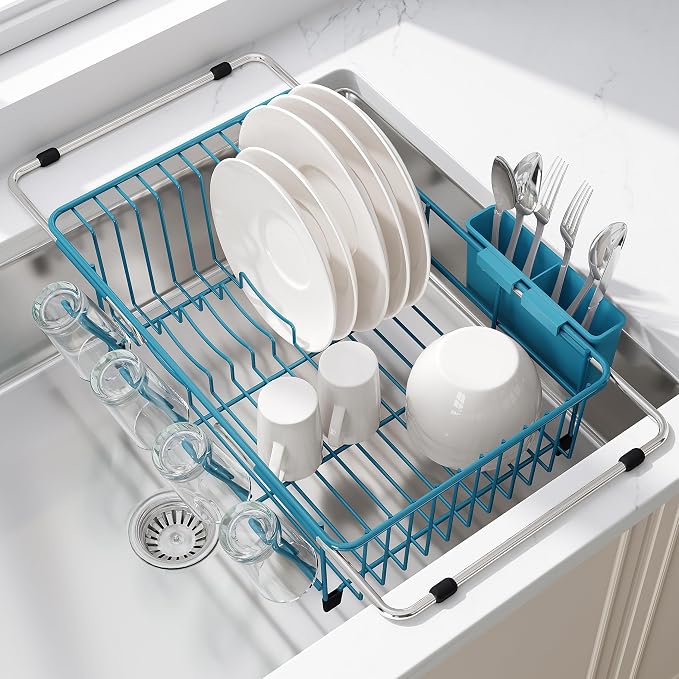 JASIWAY Blue Dish Drying Rack in Sink, Dish Drainer with Utensil Holder | Over The Sink Expandable Stainless Steel Strainer Dryer Rack for Small Kitchen, Counter Space Saving, Fast Drain, Rustproof by JASIWAY