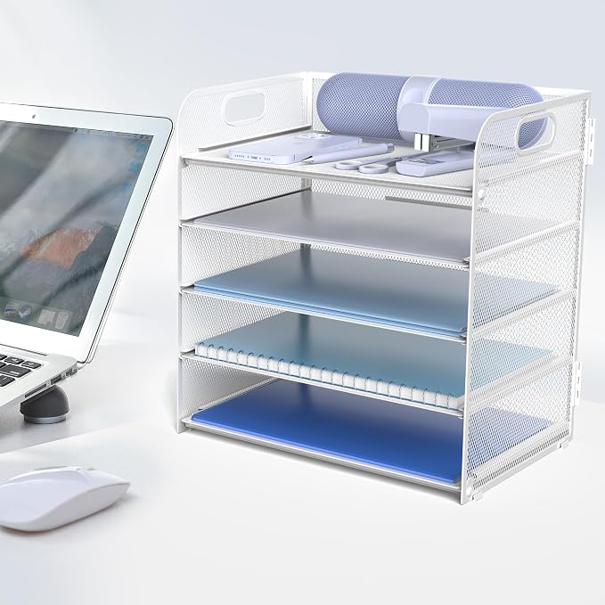 Letter Tray Paper Organizer 5-Tier Desk Organizer File Organizer Paper Holder with Handle, Metal Desktop Document Shelf Tray Office Classroom Organization - White - Image 4