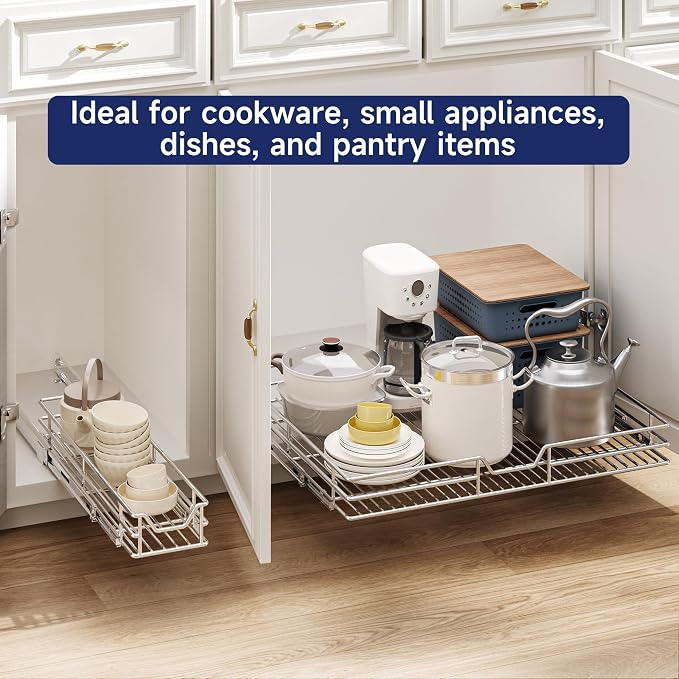 Pull Out Cabinet Organizer, 22.5" W x 21.5" D, Heavy Duty Chrome Slide Out Shelf for Wide Base Cabinets, Sliding Wire Basket Drawer for Pots, Pans, Appliances & Pantry Storage - Image 7