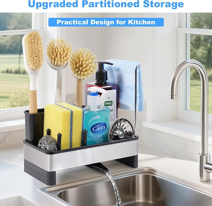 Sponge Holder for Kitchen Sink Caddy Organizer, Dish Brush Holder | Stainless Steel Sponge Caddy for Kitchen Countertop Organizer, Rustproof Dish Soap and Sponge Rack with Dishcloth Drying Rack - Image 2
