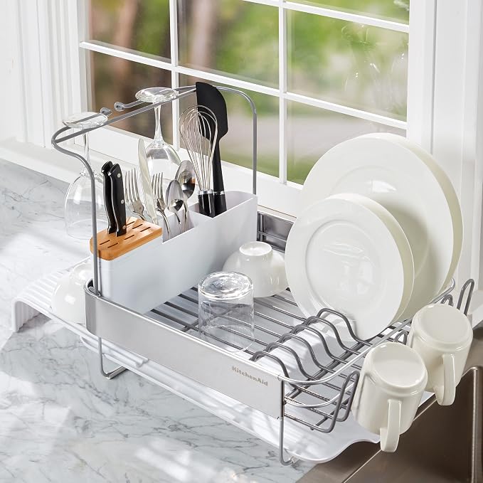 KitchenAid Full Size Compact to Full Capactiy Expandable Rust Resistant Dish Rack, with Self Draining Angled Drainboard and Removable Flatware Caddy, 24-Inch, White - Image 7
