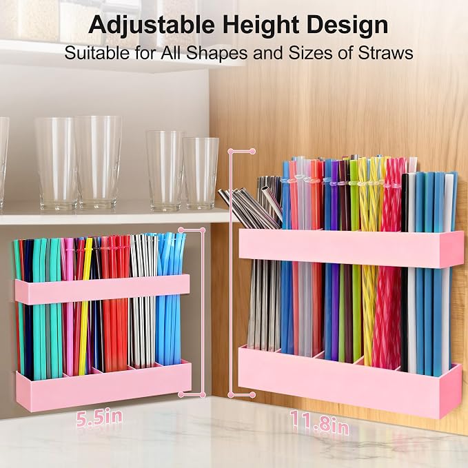 9.5” Large Acrylic Straw Holder for Cabinet Door, Adjustable Two-Part | Reusable Straws Organizer with Ultra Sticky Adhesive Strips, 2026 Straw Storage for Kitchen Cupboard (Rose Stone) - Image 2