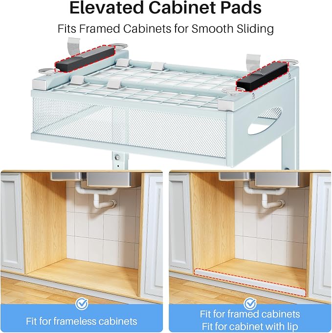 Under Sink Organizer, 2 Pack 2 Tier Pull Out Under Cabinet Organizer Shelf with Pad for Framed Cabinets, Metal Slide Out Under Sink Storage, Mesh Sliding Drawers for Kitchen Bathroom Laundry, Blue - Image 7