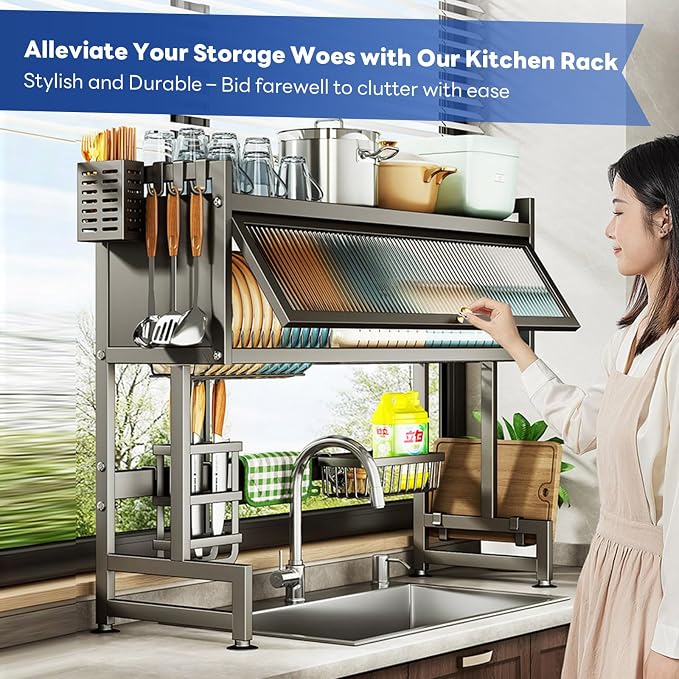 Hdrriozu Over the Sink Dish Drainer Drying Rack 3 Tier with Cover | Rust resistant built to last. Easy install simple tools. Holds all dishes glasses bowls. Space saving over sink tidy kitchen. - Image 2