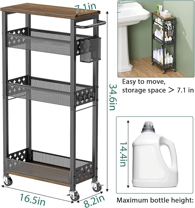 XYZLVSI Slim Storage Cart, 4 Tier Laundry Room Organizer for Small Space | Narrow shelf 14.4" bottom shelf, wire basket, hooks, ideal for kitchen/bathroom/office/dorm, between washer and dryer storage - Image 4