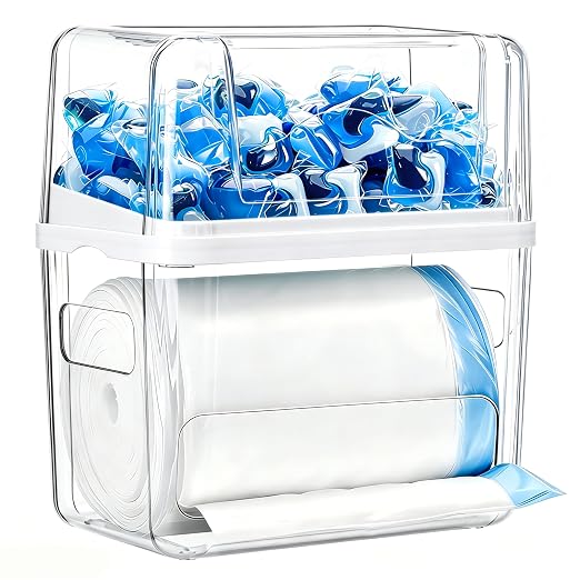 Trash Bag Dispenser with Laundry Pod Storage, Clear Under Sink Organizer | 3-in-1 Stackable Cabinet Bin, Laundry Pod Storage, Trash Bag Dispenser Fits 13/30/33/42 Gallon Garbage Bags by Unknown