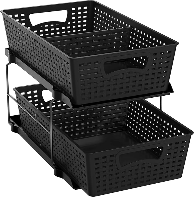 Simple Houseware 2 Tier Pull-Out Sliding Drawer Under Sink Storage, Black | Great for Kitchen Bathroom Tray Shelf Organizer by SimpleHouseware