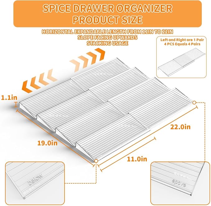 8 Pack Adjustable In Drawer Spice Organizer - Expandable From 11'' to 22'' - Acrylic Drawer Seasoning Organizer,Clear Spice Organization Tray for Cabinet Drawers Condiment,Nail Polish and Jar - Image 3