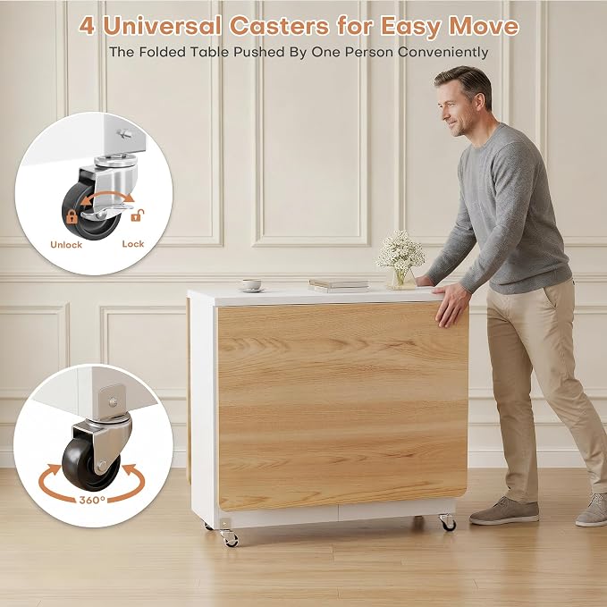 Jocoevol Folding Dining Table for Small Spaces, Foldable Kitchen Table with Drawer, 2-Tier Storage Shelf & Wheels, Space Saving Dining Table for 2 4, Farmhouse, Natural - Image 5