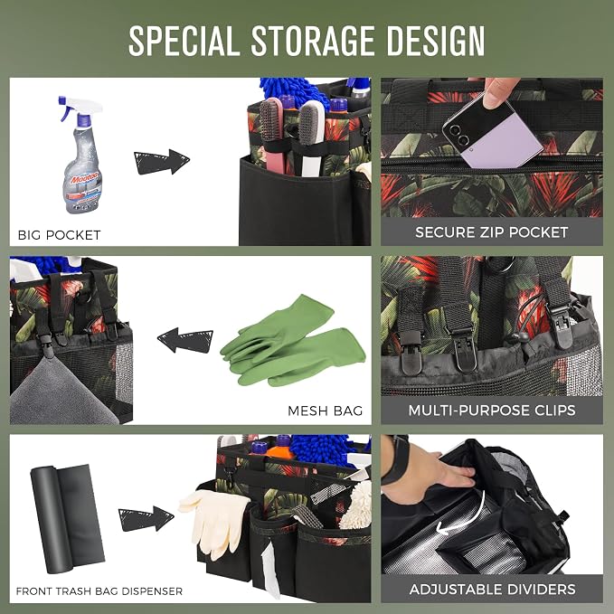 SCAVATA Wearable Cleaning Caddy Organizer With Handle & Shoulder Strap | Multiple Compartments, 4 Foldable Dividers, Portable Cleaning Supplies Tool Storage for Home, Car & Housekeeping, GreenBush - Image 2