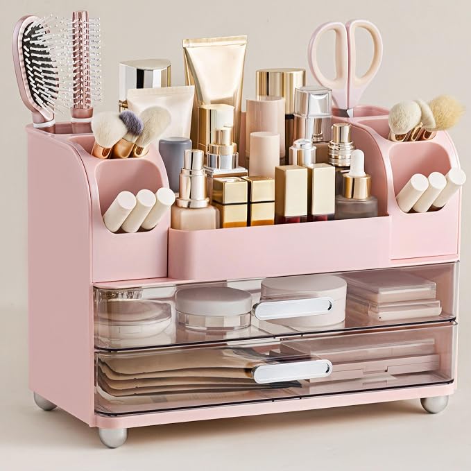 HBlife Makeup Organizer for Vanity with Brush Holder, Large Bathroom Countertop Cosmetic Organizer Skin Care Storage, Easy to Store Lipsticks, Nail Polishes, Perfumes, Eyeshadow Palettes, Pink by HBlife