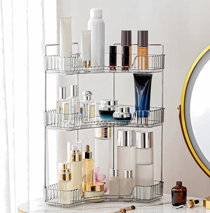 3 Tier Corner Bathroom Counter Organizer Countertop Shelf Makeup Organizer for Vanity Perfume Tray for Corner Storage (Grey) - Image 5