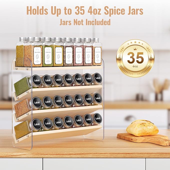 MUDEELA 4 Tiered Spice Rack Organizer for Cabinet, (No Jars Included) | Clear Vertical Spice Shelf, Wooden Seasoning Organizer for Countertop, Kitchen, Pantry, Freestanding, 13.3" W × 11.2" H - Image 3