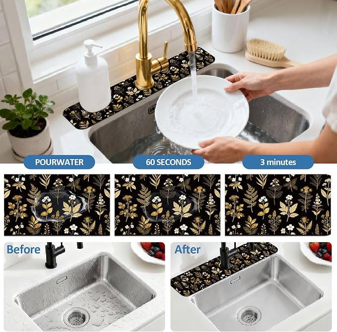 2 Pcs Kitchen Sink Splash Guard Faucet Mat Vintage Gold Leaves Faucet Mat for Sinks Flowers Pattern Absorbing Drying Mats for Kitchen Bathroom, 23.6x5.5inch - Image 5