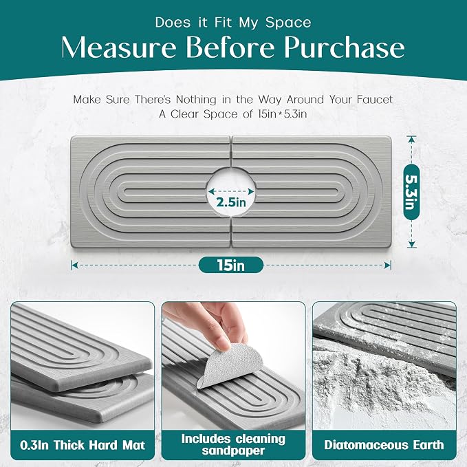 Faucet Mat for Kitchen Sink - Wider Diatomite Fast Drying Stone Sink Tray, Super Absorbent, Prevents Moisture Buildup - Faucet Splash Guard for Bathroom Counter (Grey, 15x5.3inch) - Image 2