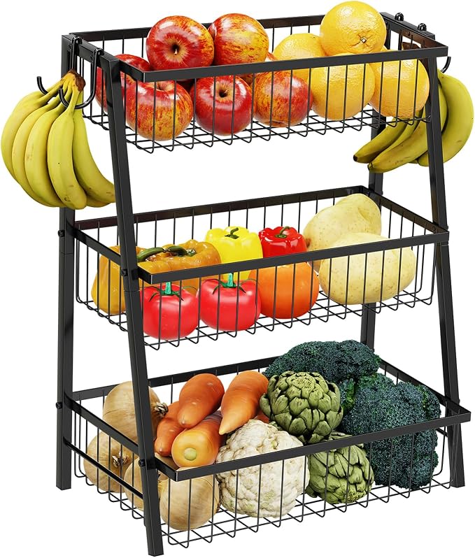 Simple Trending 3-Tier Trapezoidal Fruit Basket with 4 Banana Hooks, Extra Large Metal Wire Kitchen Organizer for Countertop - Rust-Proof for Fruits, Vegetables, Snacks, Bread Storage, Black by SimpleTrending