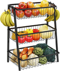 Simple Trending 3-Tier Trapezoidal Fruit Basket with 4 Banana Hooks, Extra Large Metal Wire Kitchen Organizer for Countertop - Rust-Proof for Fruits, Vegetables, Snacks, Bread Storage, Black by SimpleTrending