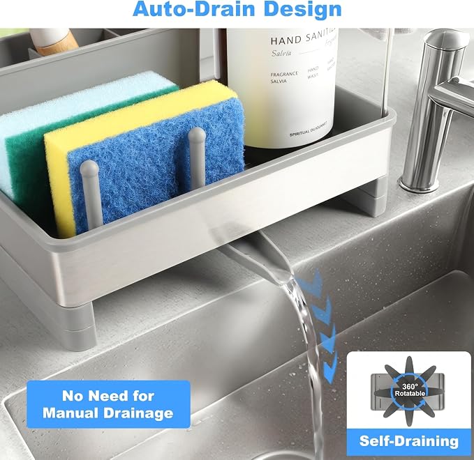 Sponge Holder for Kitchen Sink Caddy Organizer, Dish Brush Holder | Stainless Steel Sponge Caddy for Kitchen Countertop Organizer, Rustproof Dish Soap and Sponge Rack with Dishcloth Drying Rack - Image 3