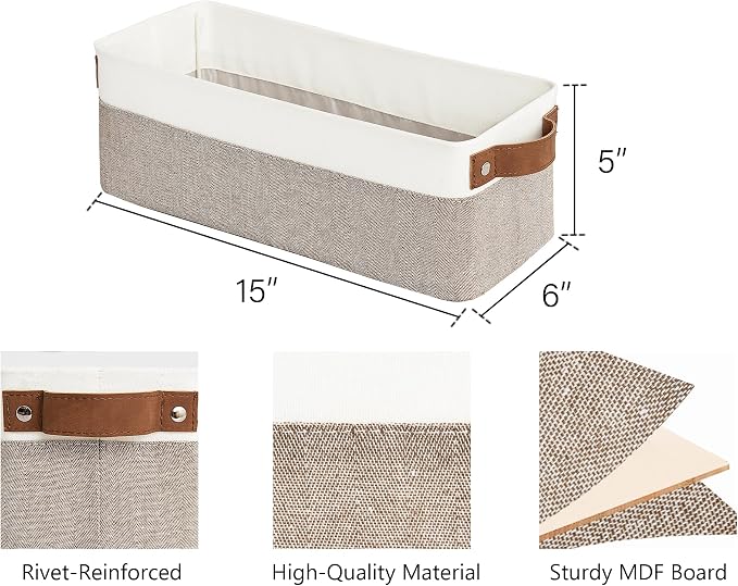 StorageWorks Narrow Storage Bins, Small Baskets, Brown and White, 2-Pack | With Metal Frame, Sturdy Structure, PU Handles, Toilet Paper Storage, Long Storage Bins for Bathroom, Closet, Shelf - Image 2