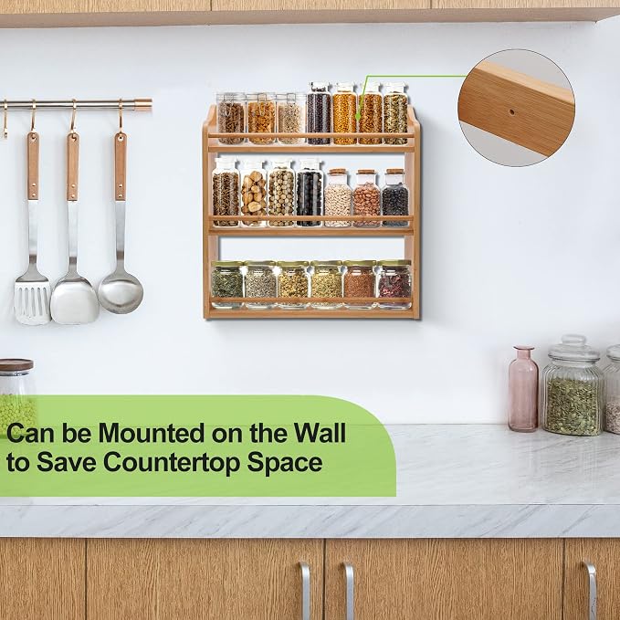 3 Tier Bamboo Spice Rack Wall Mount or Countertop,Spice Organizer | Seasoning Jars Rack Spice Shelf Organizer for Kitchen Counter or Wall Mounting - Image 4
