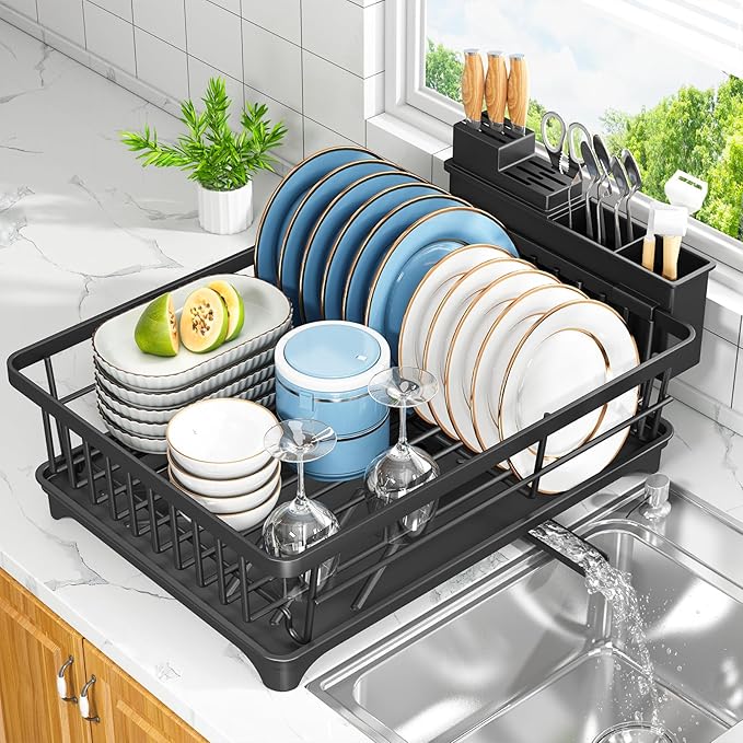 Kmiectse Dish Drying Rack for Small Kitchen Counter with Utensil Holder | Space Saving, Rust Resistant, Quick Drainage Dish Rack, Compact Dish Drainer Organizer for Home Kitchen, Black by Kmiectse