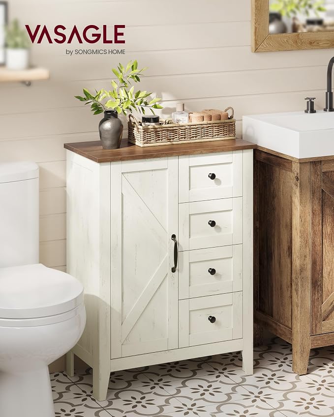 VASAGLE LIRY Collection - Storage Cabinet, Farmhouse Bathroom Floor Cabinet with 4 Drawers, Freestanding Storage Organizer, Barn Door, Adjustable Shelf, Rustic White, UBBK753W01 - Image 2