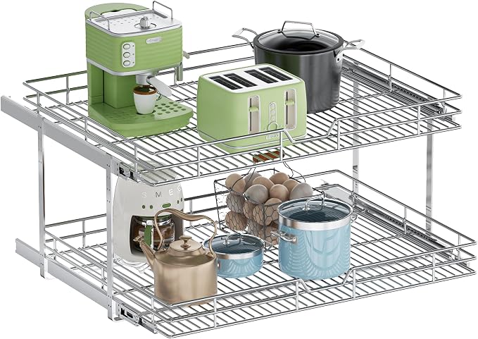 2-Tier Pull Out Cabinet Organizer, 27" W x 21.5" D, Heavy Duty Dual Slide Out Shelves for Wide Base Cabinets, Chrome Wire Basket Drawer for Pots, Pans, Pantry & Cleaning Supplies by Unknown