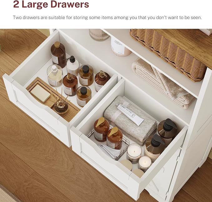Storage Cabinet with Doors & 2 Drawers, Kitchen Cabinet with Adjustable Shelf, Pantry Cabinets, Bathroom Cabinets, for Living Room, Entryway, Home Office, White - Image 5
