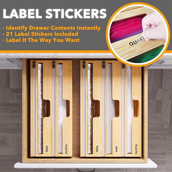 SpaceAid WrapNeat 3 in 1 Wrap Organizer with Cutter and Labels, Plastic Wrap, Aluminum Foil and Wax Bamboo Dispenser for Kitchen Storage Organization Holder for 12" Roll (Natural) - Image 3