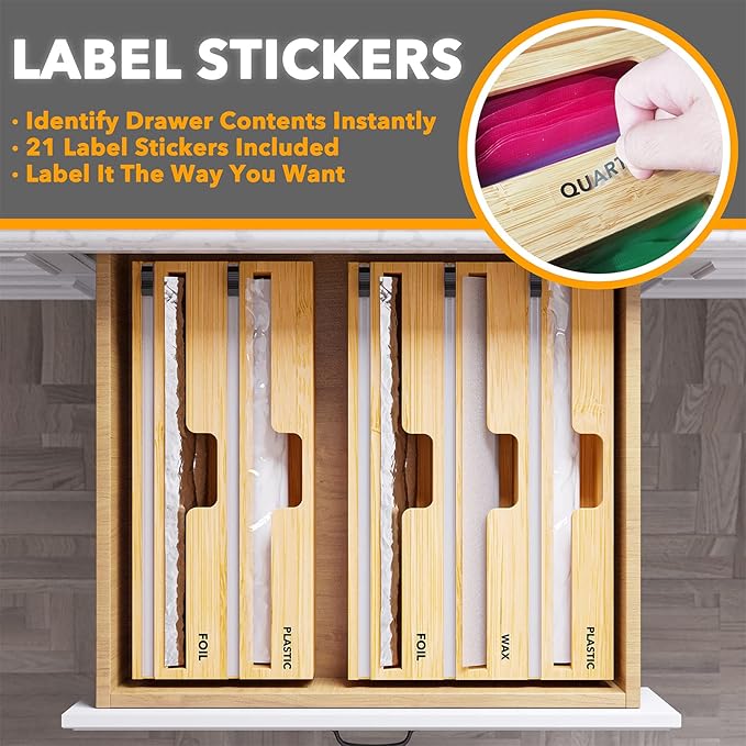 SpaceAid WrapNeat 3 in 1 Wrap Organizer with Cutter and Labels, Plastic Wrap, Aluminum Foil and Wax Bamboo Dispenser for Kitchen Storage Organization Holder for 12" Roll (Natural) (Pack of 2) - Image 3