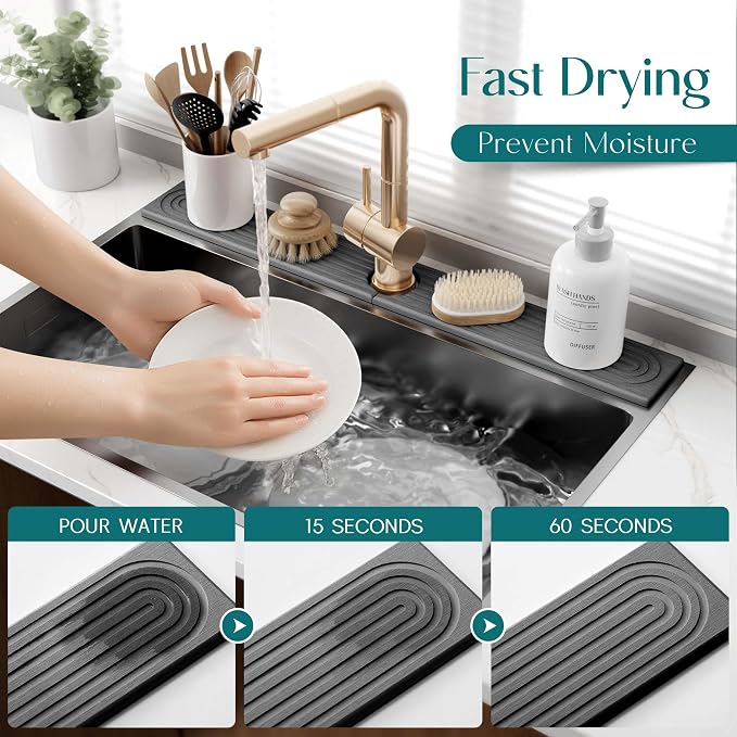 30 inch Kitchen Faucet Absorbent Mat - Diatomaceous Earth Splash Guard for Sink Faucet, Aesthetic Water Absorbing Stone Tray in The Modern Home (30" x 3.9", Dark grey) - Image 3