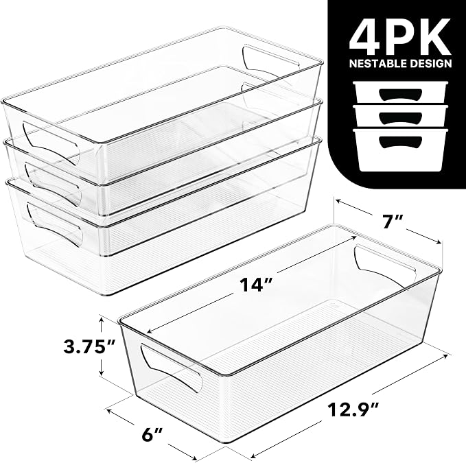 Simple Houseware 4 Pcs Pantry Clear Bin Storage Organizer, 14" x 7" x 3.75" - Image 2