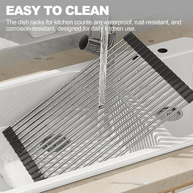 NEZUIBAN Dish Drying Rack with Roll Up and Over Sink for Kitchen,17.5"x15.7",Black - Image 5