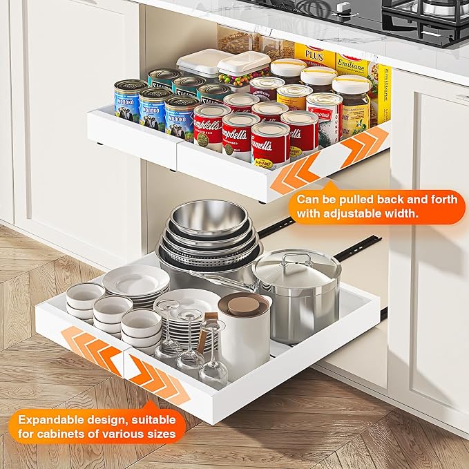 Expandable Pull Out Cabinet Organizer,16.5-26.7" Wx16.54''D,2 Pack | Upgraded 3 Quiet Slide Rails, Nano-Film Adhesive Fixing, White, Fit Kitchen/Living Room/Bathroom/Vanity - Image 3