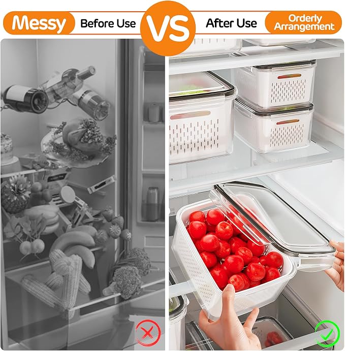 5-Pack Fruit Storage Containers for Fridge with Removable Colanders, 4 in 1 Produce Storage Containers with Lids, Leakproof Fridge Organizer Bins for Salad Berry Lettuce Vegetables Meat Keeper Fresh - Image 7