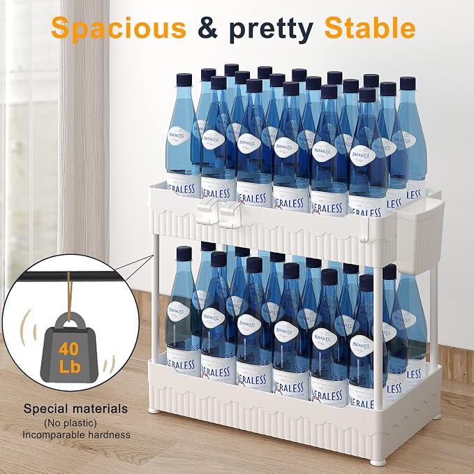 2-Pack Under Sink Organizer with Hooks & Hanging Cup for Kitchen | Multi-use kitchen & bathroom storage, 14.8 inch white cabinet organizer, with hooks and hanging cup for easy access. - Image 4