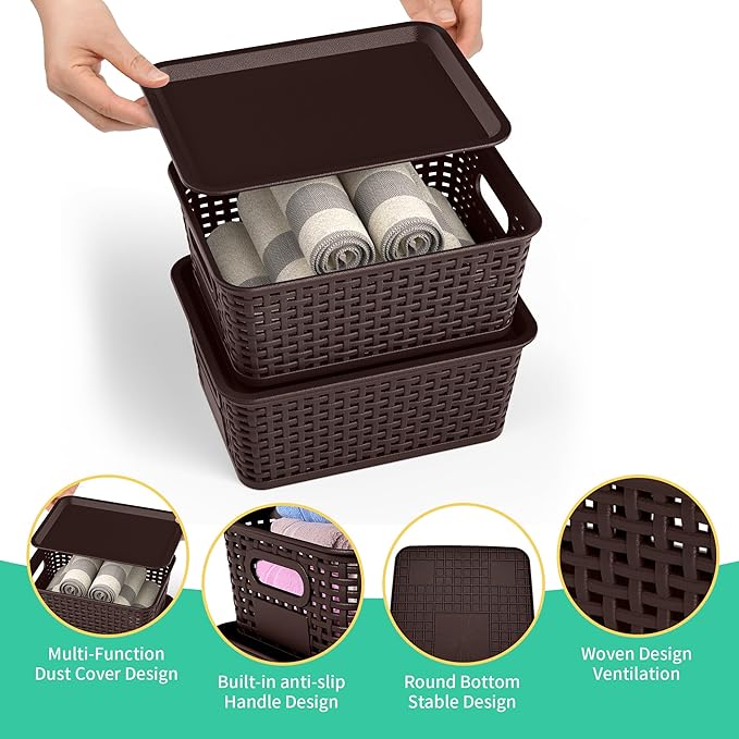 8 Pack Plastic Storage Baskets,Brown Stackable Bins with Lid | 5.3qt Storage Containers with Labels for Organizing Shelves Drawers Desktop Closet Playroom Classroom Office - Image 2