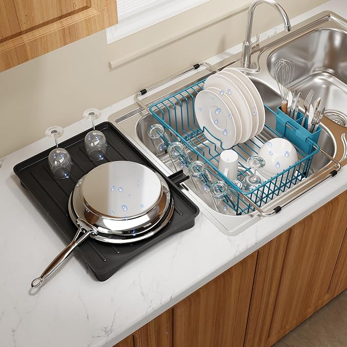 Blue Dish Drying Rack Over Sink with Utensil Holder, Drainboard | Expandable Stainless Steel Dish Drainer for Small Kitchen, Apartment, RV, Counter Space Saving, Perfect Fit, Rustproof by MAJALiS