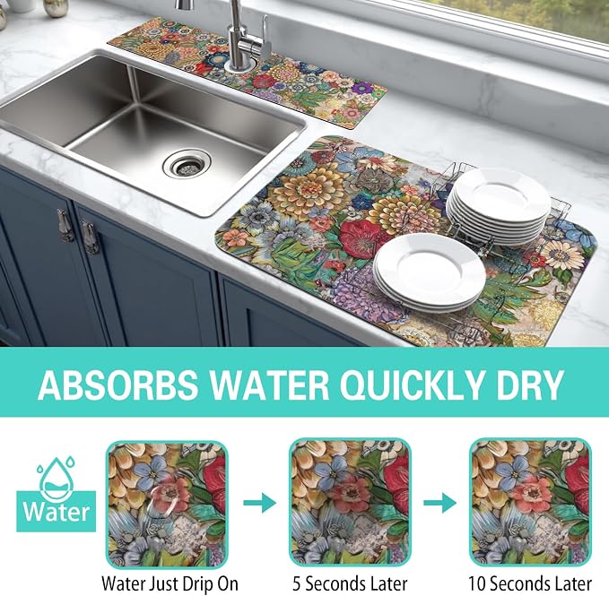 Dish Drying Mat for Kitchen Counter Matt, 2PCS 19"x12" Dish Drainer Mat & 24"x5.5" Sink Splash Guard, Super Absorbent Non-slip Rubber Backed - Image 3