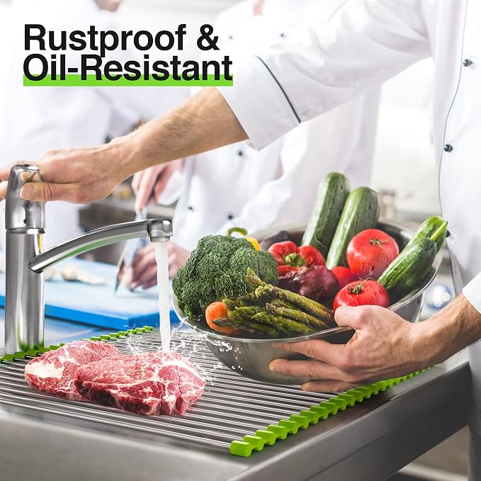 XL Roll Up Dish Drying Rack - 20x18 Over Sink Stainless Steel | Over sink design with 38% more drying space. Space-saving roll up dish drainer rack for small kitchens & apartment counters - Image 4