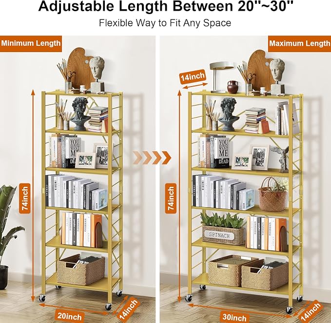 Himix 6-Tier Foldable Storage Shelves Expandable Shelf Wheels Gold 2-in-1 | Folding shelving units, Metal collapsible organization, Changeable into 2 shelf units, Bookshelf, Garage, Holds 3600 Ibs - Image 2
