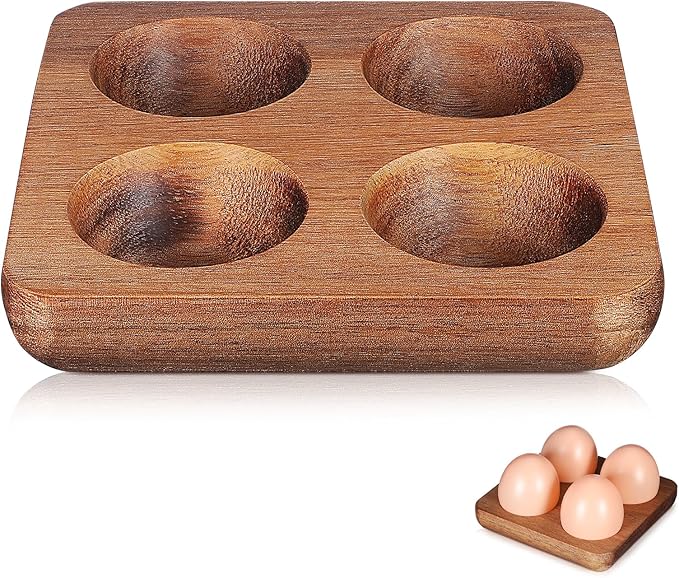 Homoyoyo 4 Egg Holder Countertop, Acacia Wood Egg Holder 4 Slot, Compact Natural Organizer for Kitchen Display Fridge for Chocolates, Sushi, Kitchen Organization for Busy Parents Home Hearth by Homoyoyo