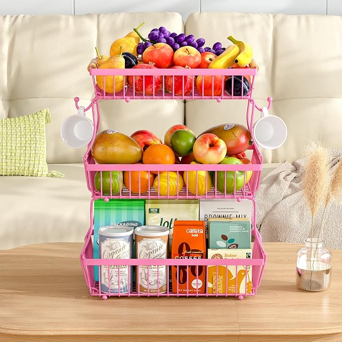 3 Tier Fruit Basket for Kitchen Counter with 2 Banana Hangers, Countertop Metal Fruit Bowl with Wooden Handle, Large Storage Stand for Vegetables, Snacks, Breads, Produce Storage – Rose Pink - Image 8